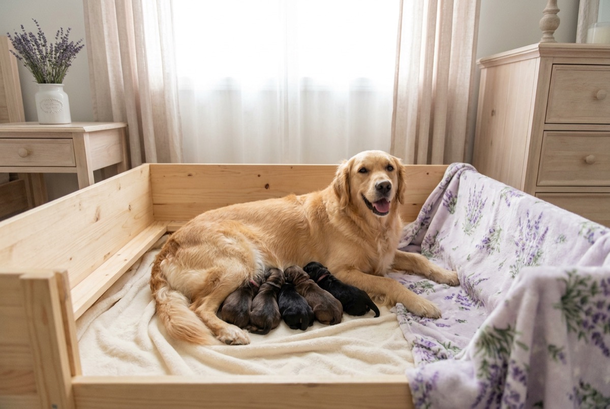 A mother dog resting with newborn puppies in a clean whelping box