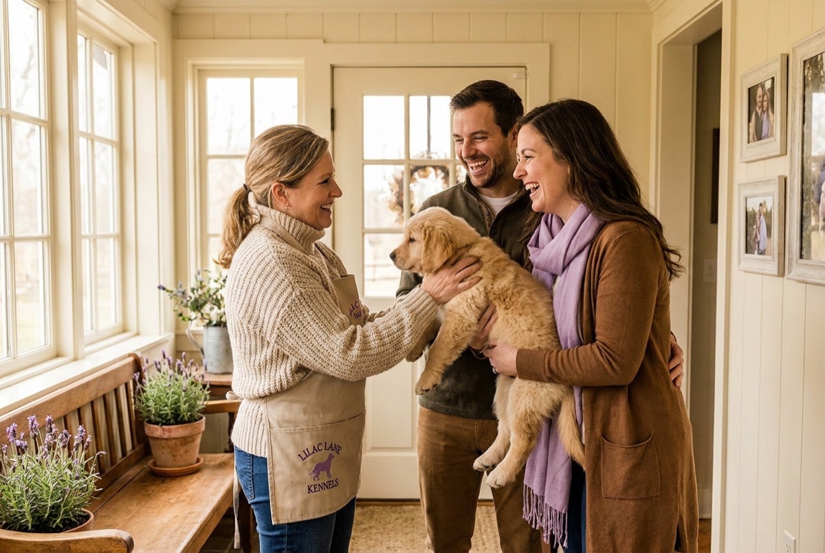 A breeder handing a puppy to a happy new family
