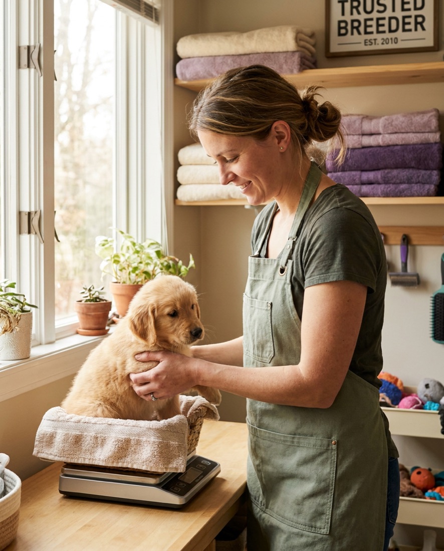 A breeder gently weighing a young puppy on a scale in a bright, sunlit room