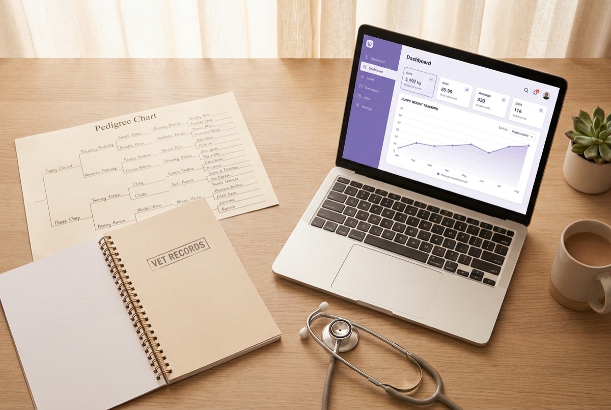 A pedigree chart, health notebook, and laptop showing a clean dashboard